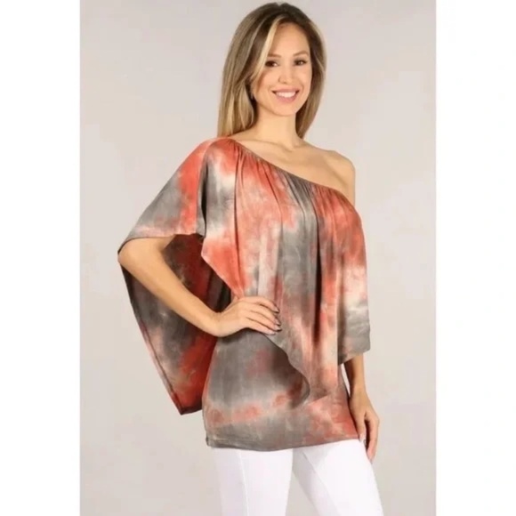Rust Gray Multi Way Tie Dye Boho One Shoulder Top - Picture 2 of 8